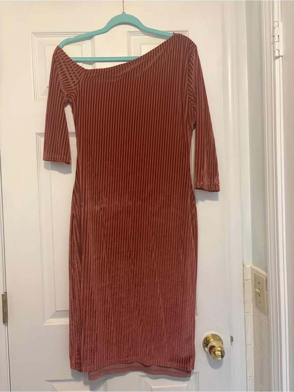 MINKPINK One-Shoulder Ribbed Velvet Dress in Rust